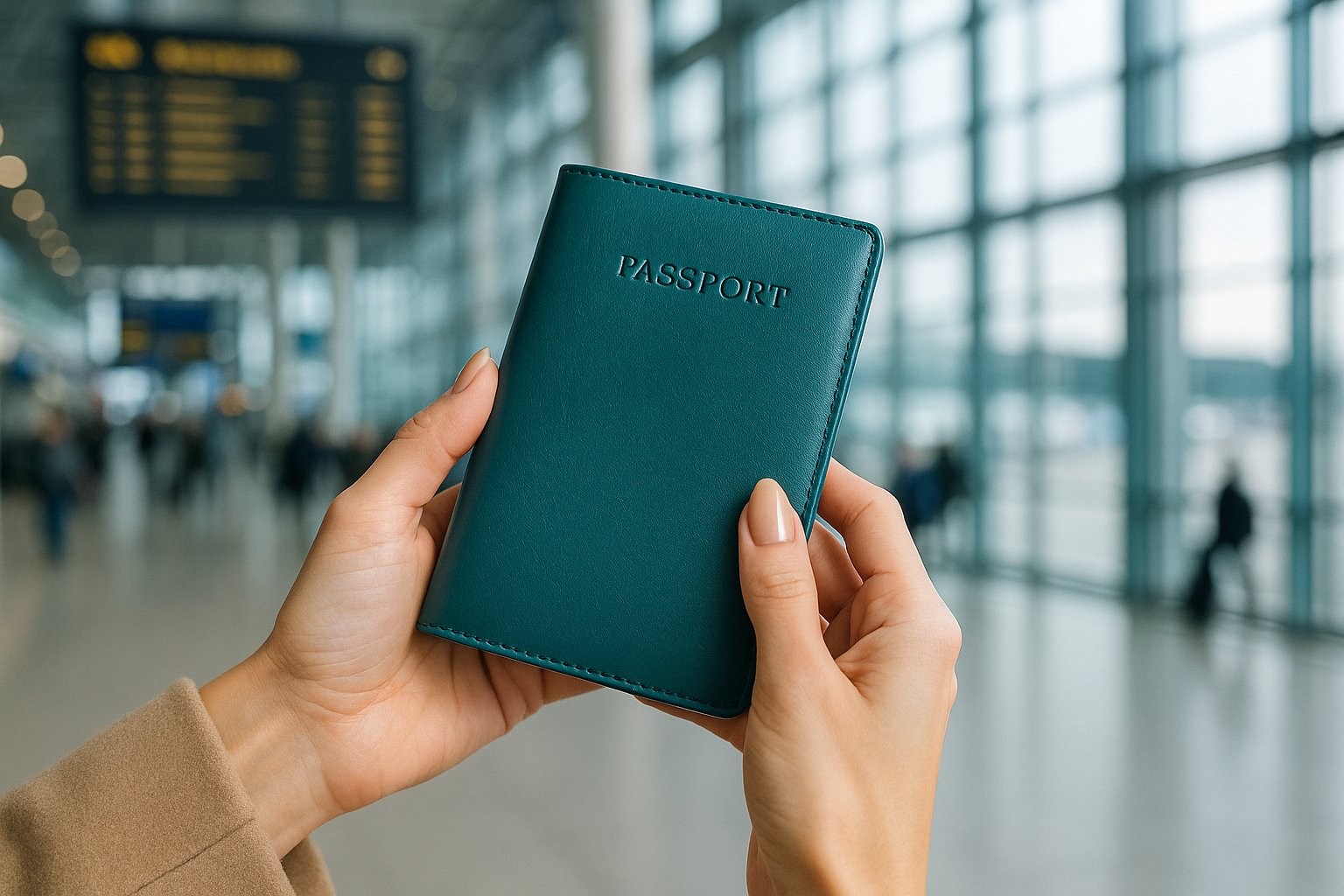 Dark Teal Passport Cover held up at SFO airport