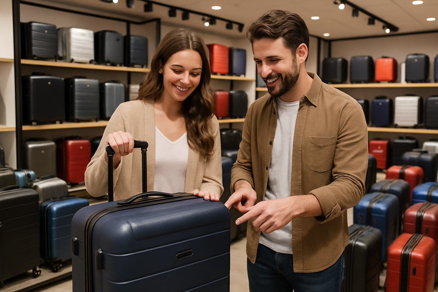 Man and Woman shopping in Palo Alto, CA store for large suitcases