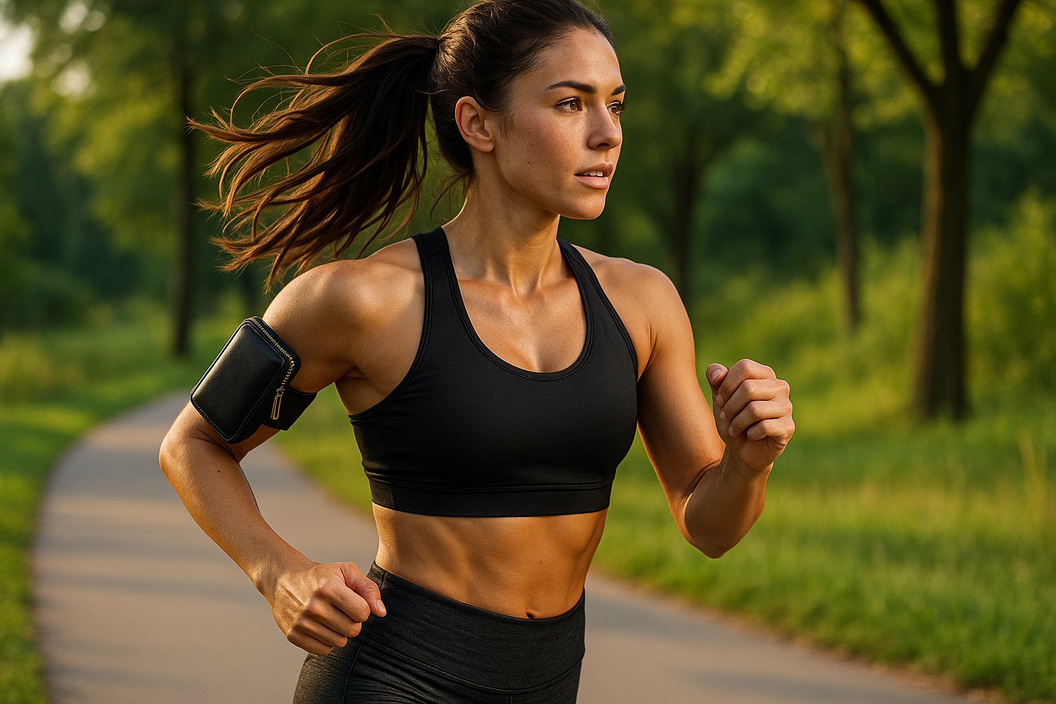 Woman wears arm wallet while running in Palo Alto park