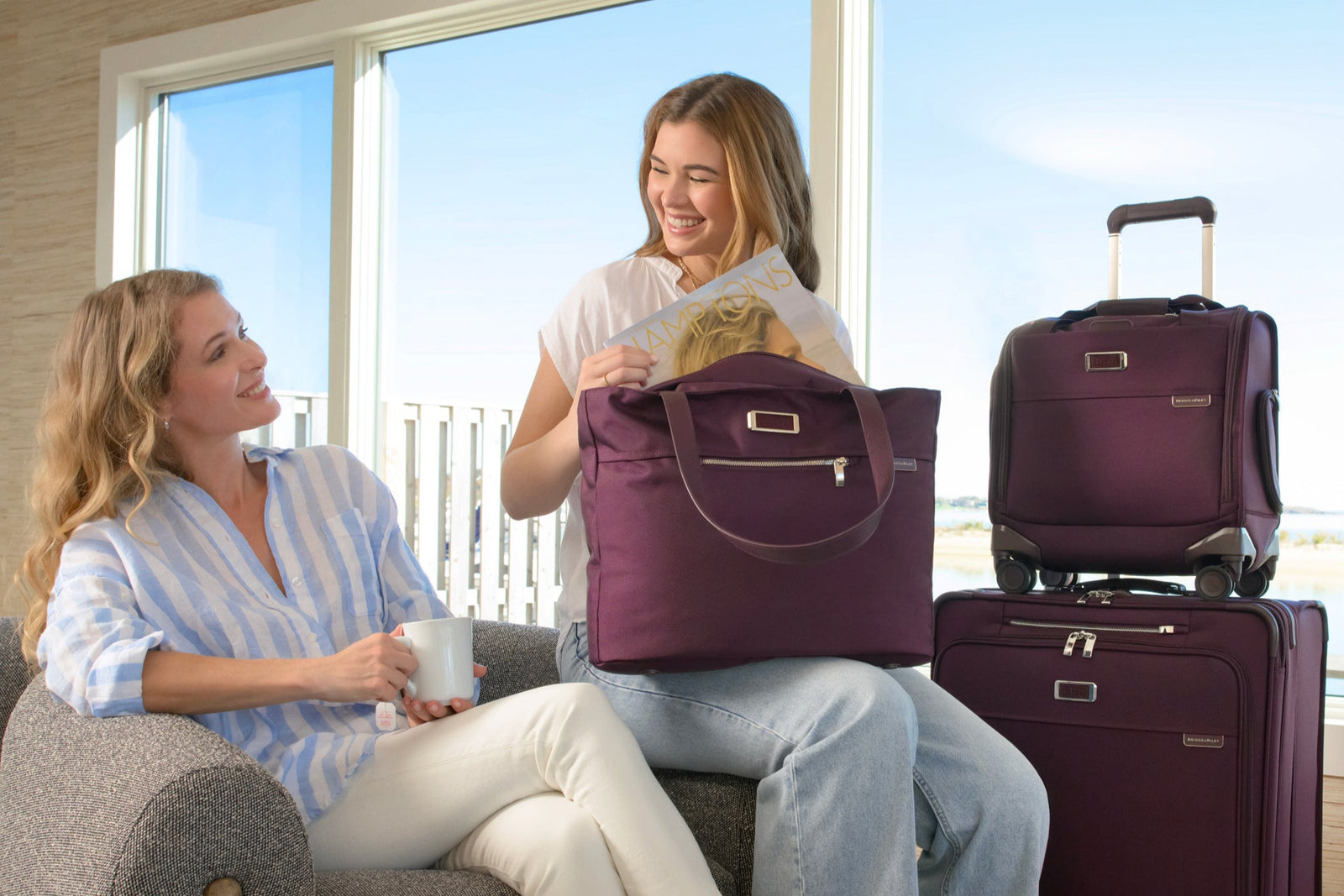 Woman chat in hotel room with baseline luggage packed