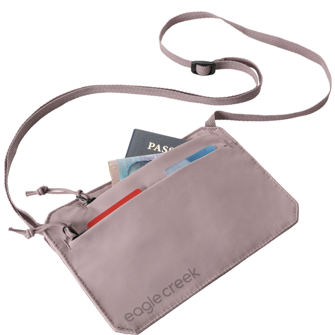 Eagle Creek Undercover RFID Neck Wallet Color soft Pink with passport and credit cards