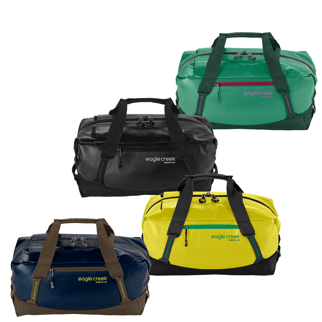 Eagle Creek Migrate 40L Duffel Bag shown in Black, Yellow, Blue and Green color options