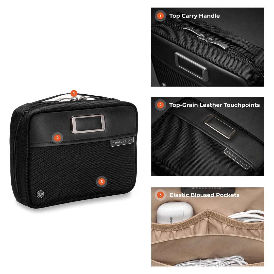 tech kit features leather touchpoints, top carry handle and elastic bloused pockets