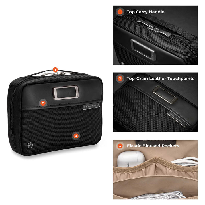 tech kit features leather touchpoints, top carry handle and elastic bloused pockets