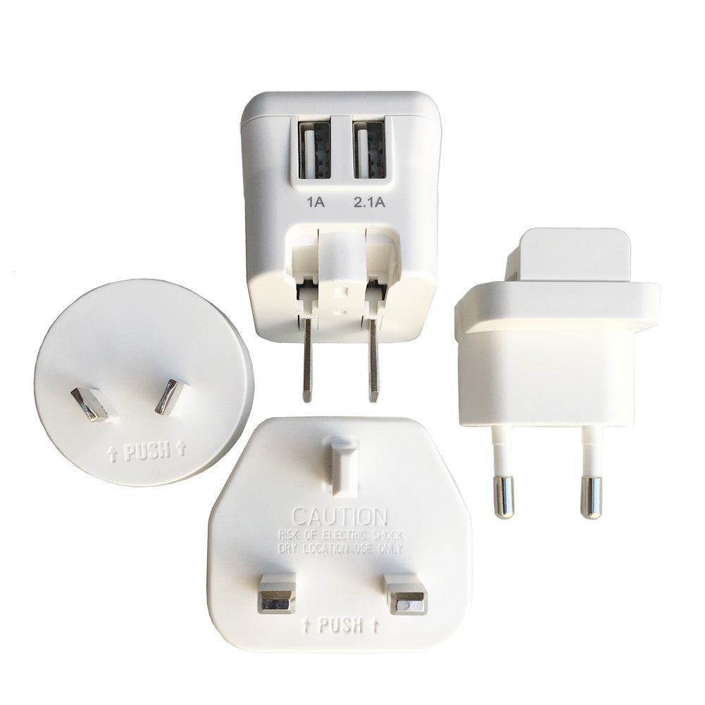 Universal travel adapter kit with two usb charging ports