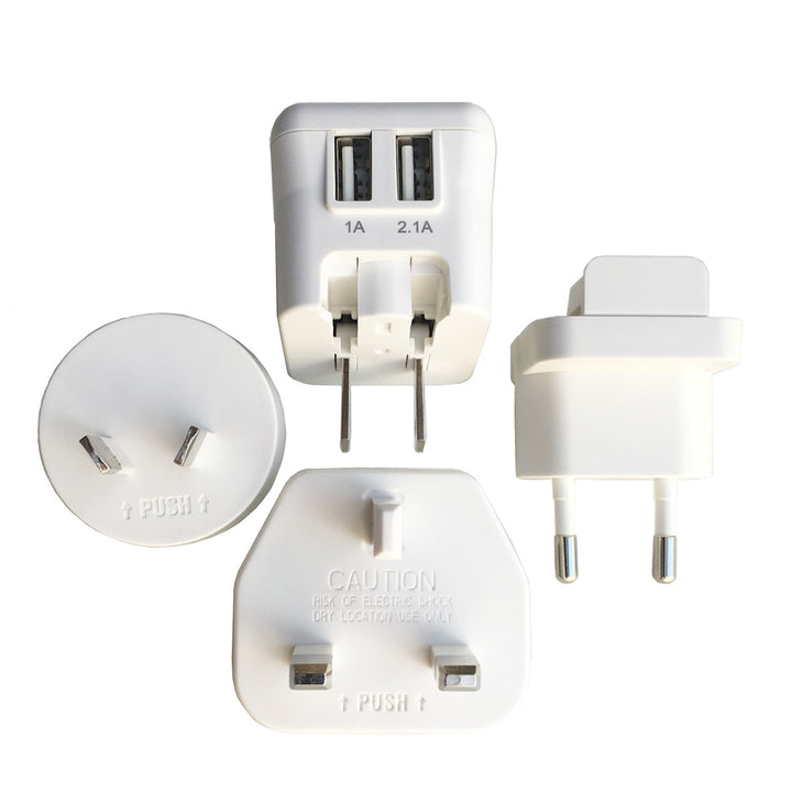 Universal travel adapter kit with two usb charging ports