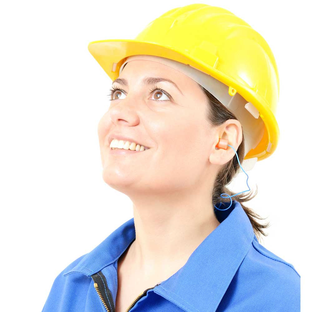 Woman in Yellow Construction Hat Wearing Orange Ear Plugs with Cord