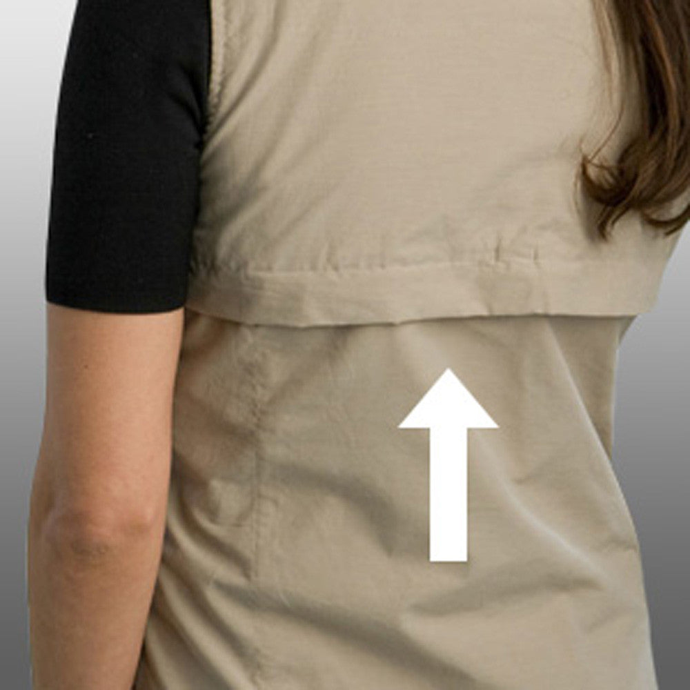Womens Travel Vest in Color Khaki with Back Pocket to Hold Large Documents