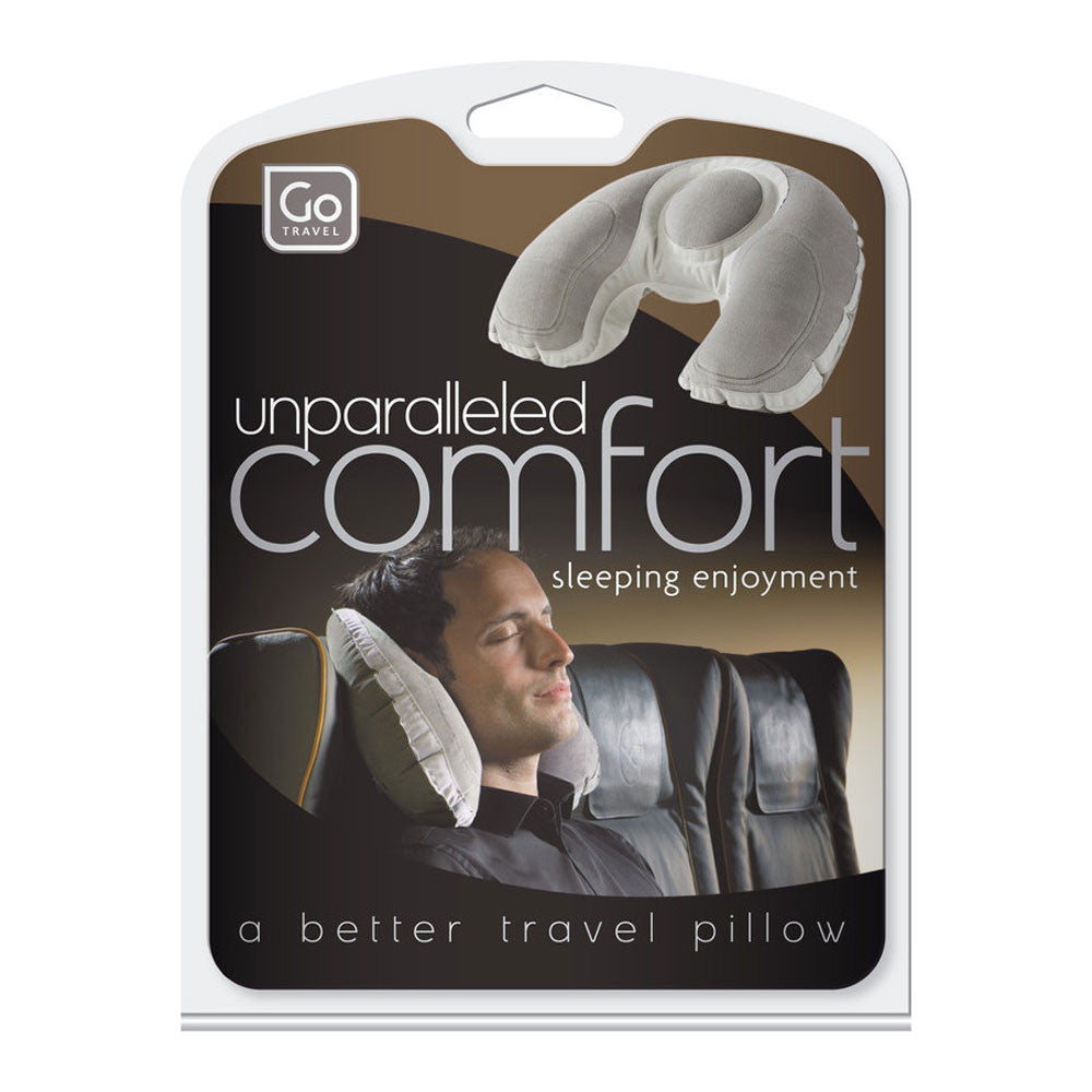 travel pillow packaging showing man sleeping on airplane