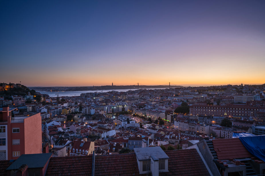 Sunset over city in Portugal skyline