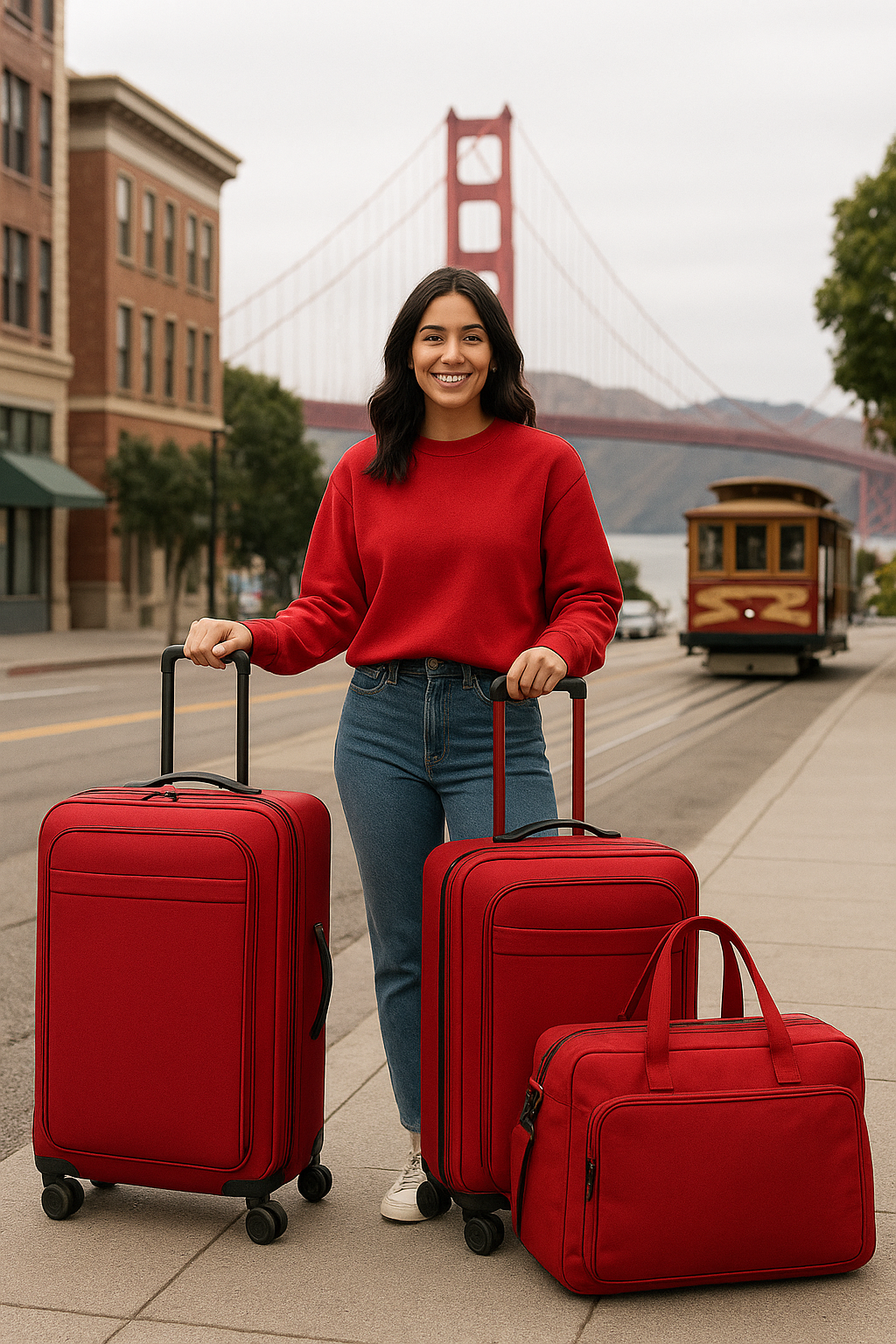 Woman stands in San Francisco with Red Luggage and Red Sweatshirt to match