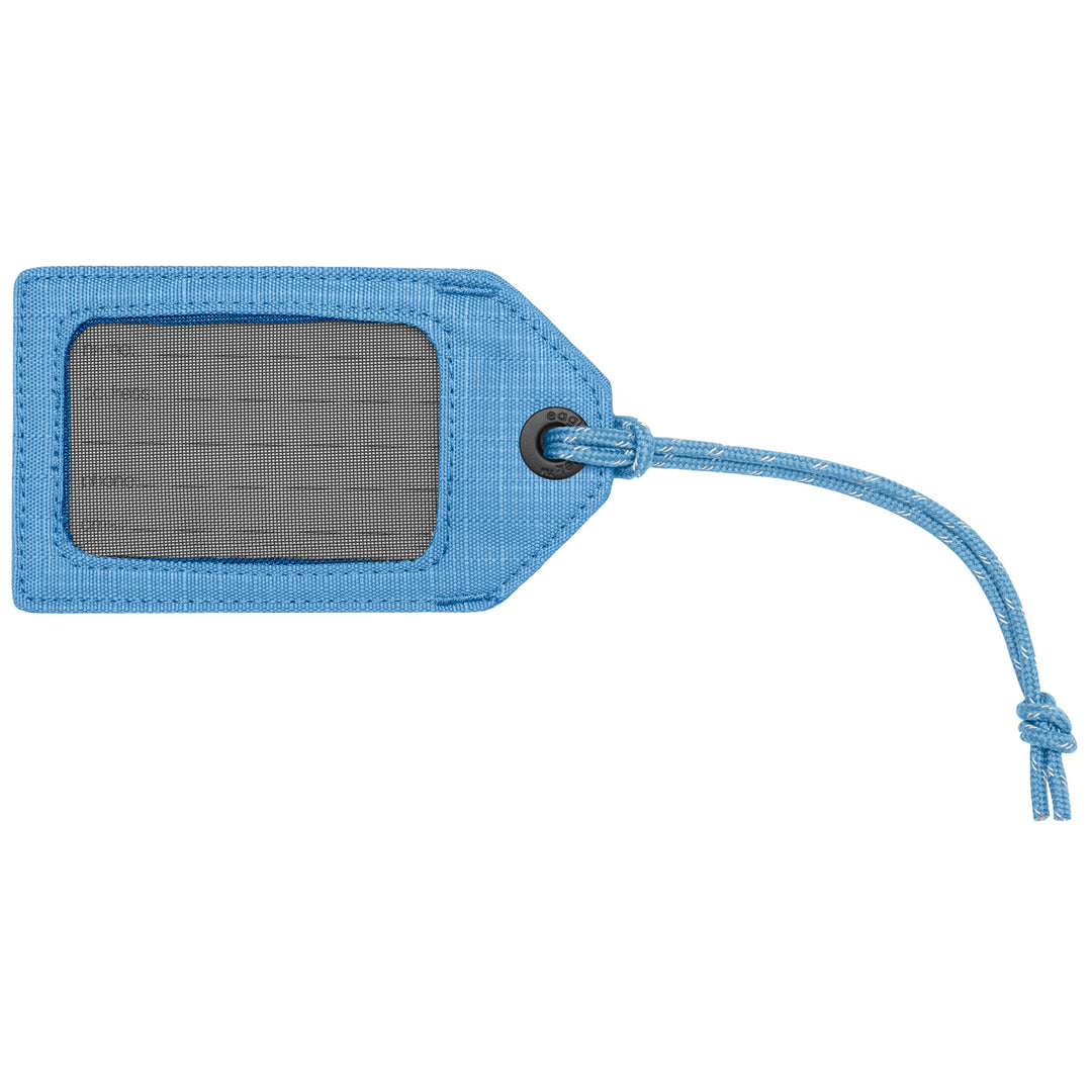 ID side of baby blue luggage tag