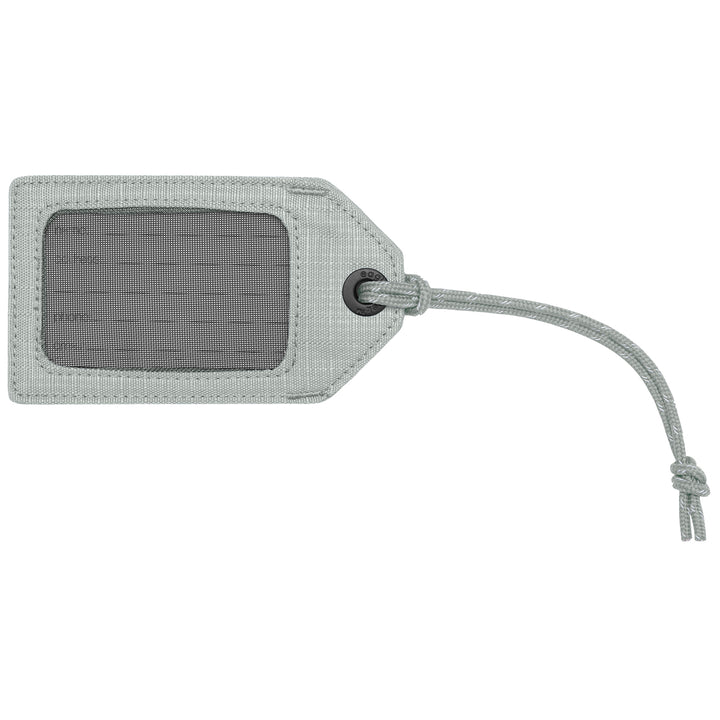 ID side for name and phone of grey luggage tag