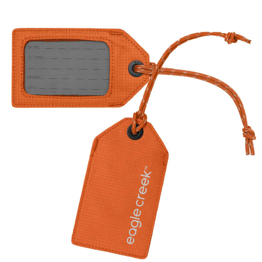 Bright Orange Luggage Tag showing front and back sides