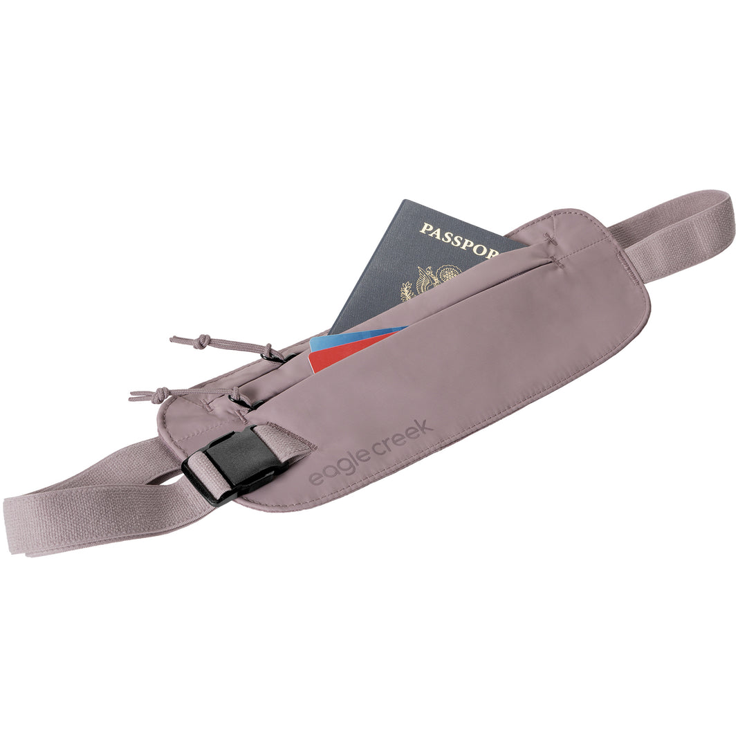 Eagle Creek Undercover RFID Money Belt color orchid shown with passport and credit cards