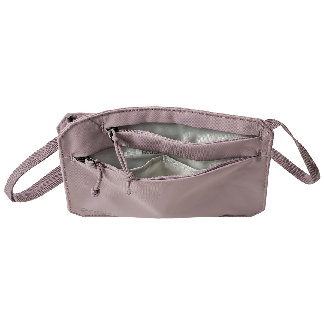 Eagle Creek Undercover RFID Neck Wallet Unzipped to see inside of Orchid pink color with grey lining