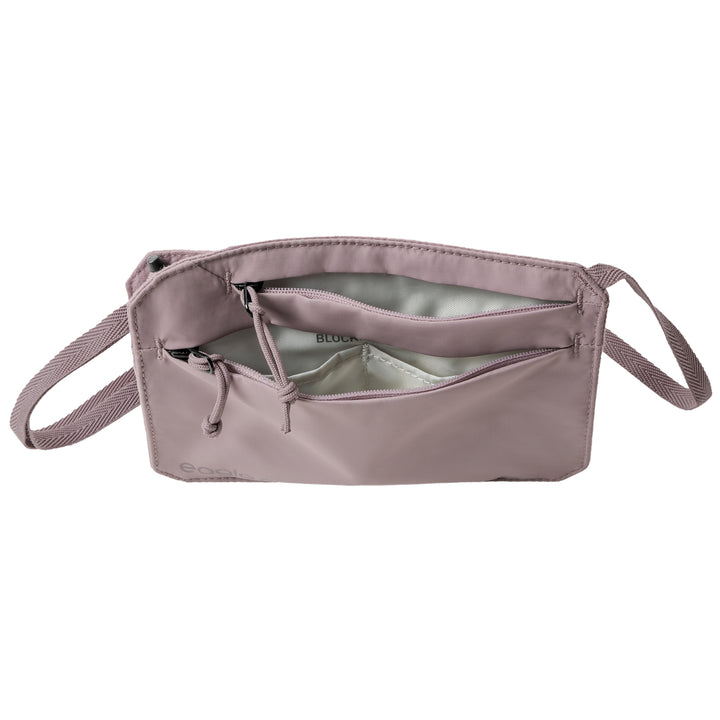 Eagle Creek Undercover RFID Neck Wallet Unzipped to see inside of Orchid pink color with grey lining
