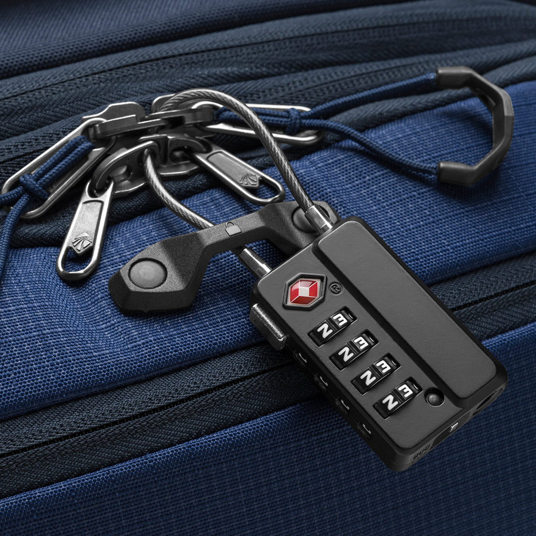 Eagle Creek Cable 4 Dial TSA Lock Black locking a blue Eagle Creek Bag