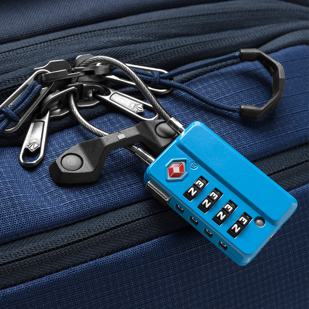 Brilliant Blue Eagle Creek Cable 4 Dial TSA Lock locking up blue luggage