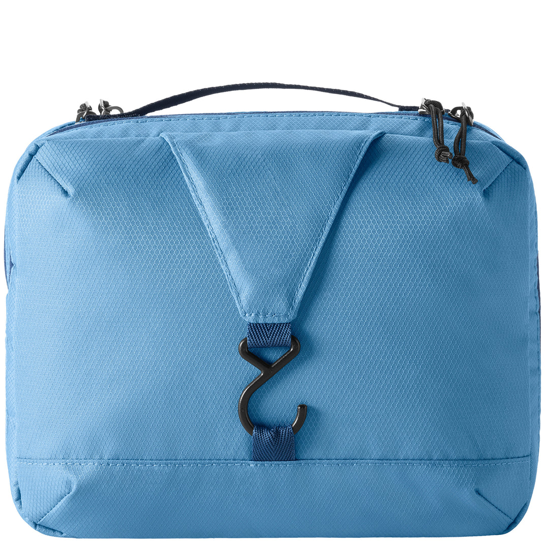 Back view of light blue toiletry kit with hook and top handle