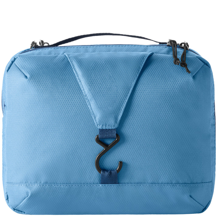 Back view of light blue toiletry kit with hook and top handle
