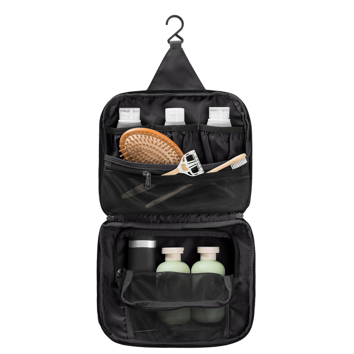 Eagle Creek Pack-It® Hanging Toiletry Kit Open with black lining packied with brush razor body wash and toothbrush