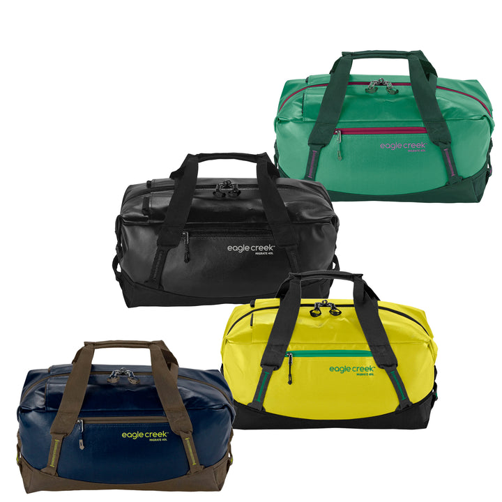 Eagle Creek Migrate 40L Duffel Bag shown in Black, Yellow, Blue and Green color options