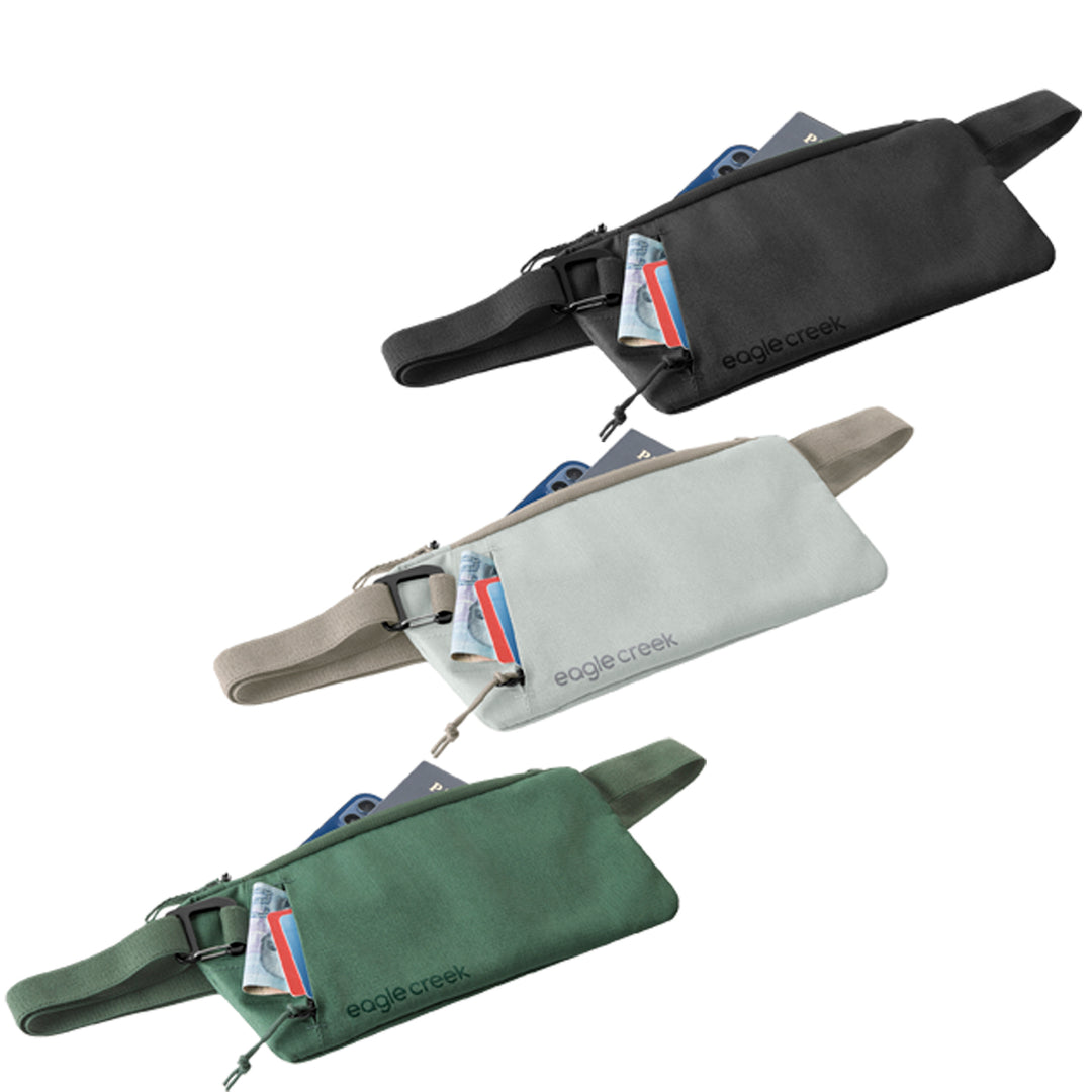 Eagle Creek Stash RFID Sling Bag shown in black grey and green