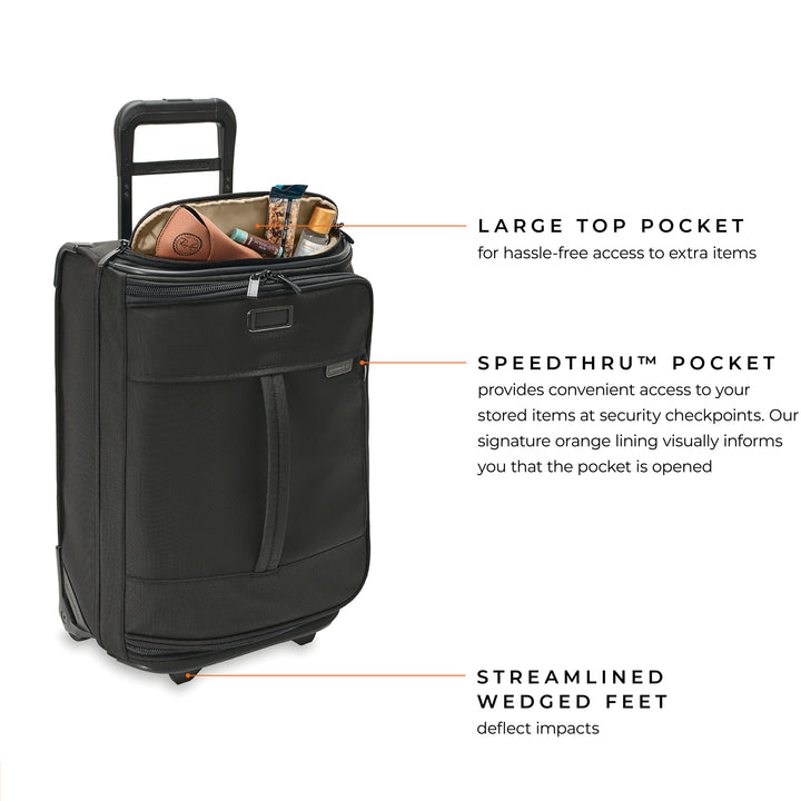 Briggs and riley carry on duffel bag has large top pocket for easy access to sunglasses, chapstick and snack
