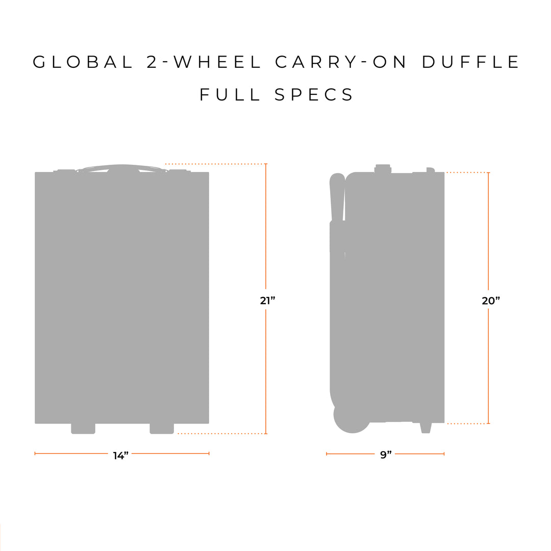 Global 2 Wheel Carry On Duffle Bag is 21 inches tall with wheels and handle