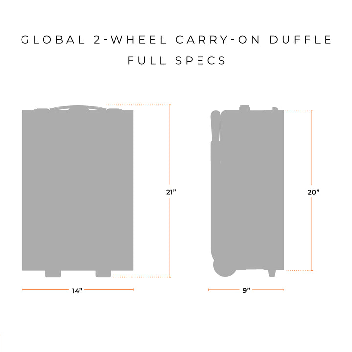 Global 2 Wheel Carry On Duffle Bag is 21 inches tall with wheels and handle