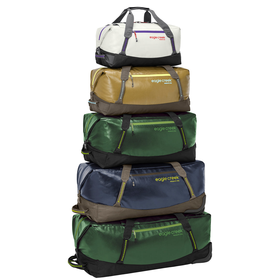 Eagle Creek Migrate 40L Duffel Bag stcked with various other sizes
