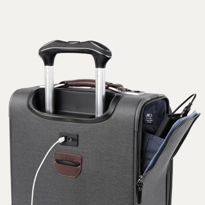 Back side of vintage grey carry on has a charging port