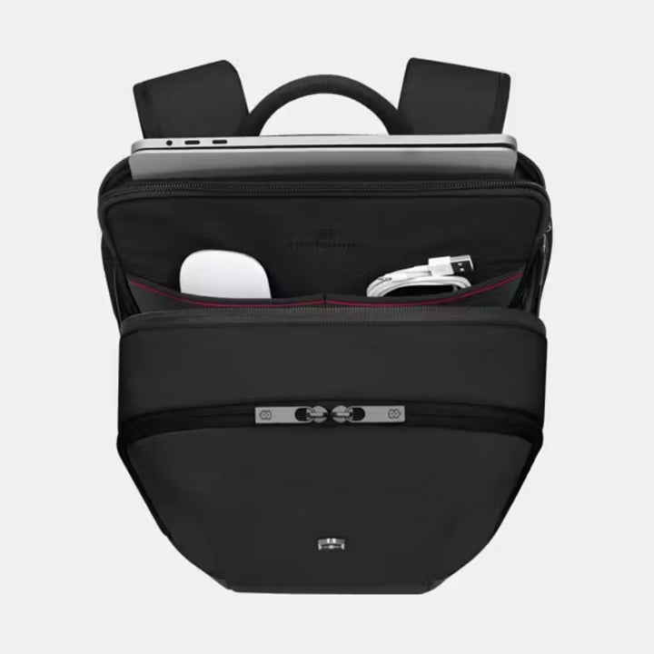 Victorinox Altmont Modern Compact Backpack color Black top view of inside with laptop mouse and cords