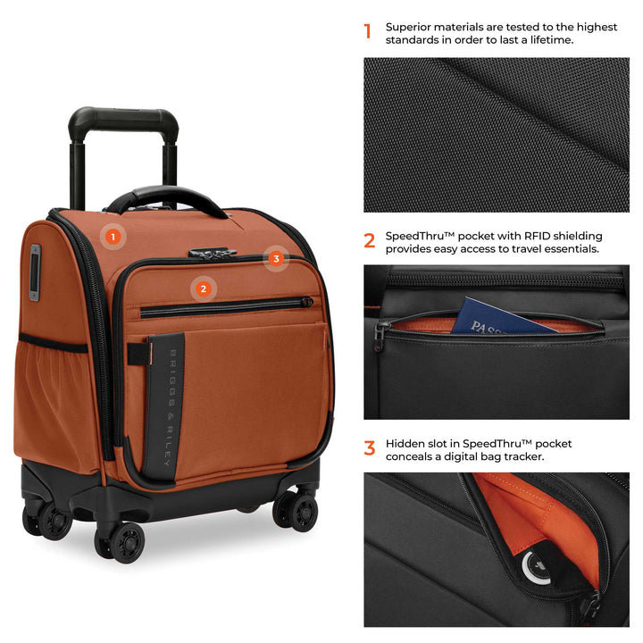Briggs & Riley ZDX Underseat Cabin Spinner front features Speed Thru pocket with rfid