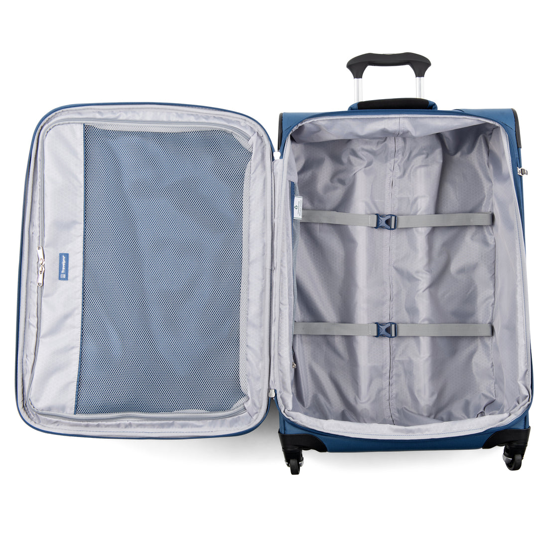 TravelPro Maxlite® 5 Medium Check-In Spinner Ensign Blue view of open interior with grey lining and straps