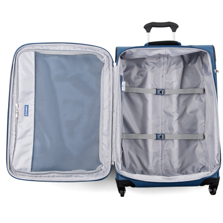 TravelPro Maxlite® 5 Medium Check-In Spinner Ensign Blue view of open interior with grey lining and straps