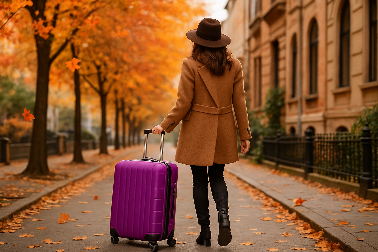 woman walks down street in fall with purple hardside suitcase