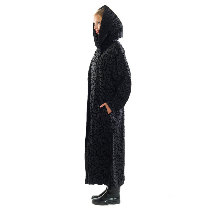 Side View of Long Black Donatella Mycra Pac Coat