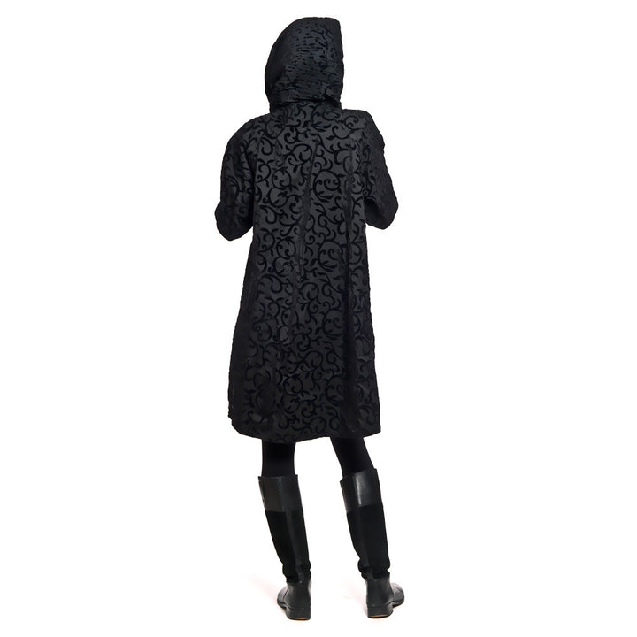 Mycra Pac hooded travel coat scroll back view